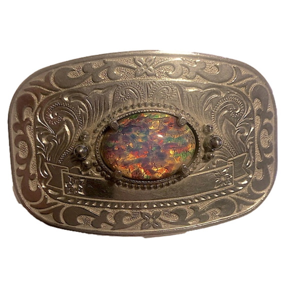 VTG Glass Opal Simulated Cabochon Floral Etched Silver Tone Buckle 2.8” x 1.7” - Picture 1 of 7